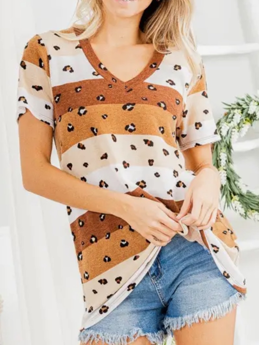 Striped Leopard Print V-Neck Top in Brown and Cream soft and stretchy
